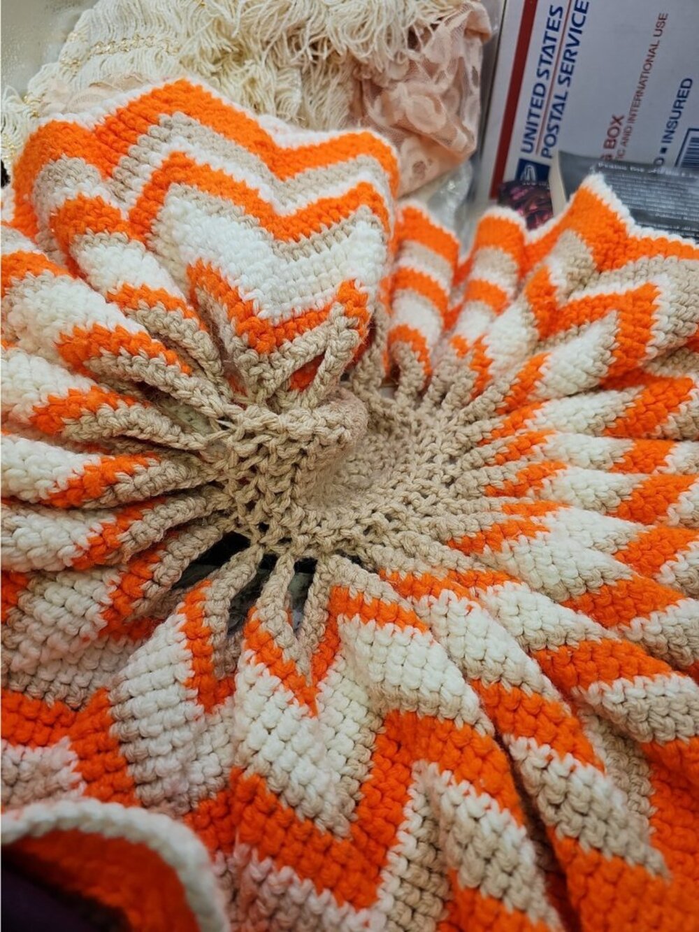 Crochet Ripple  Stitch Orange  White Tan Handmade With Pointed Edges
